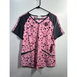 scrub star womens pink hearts short sleeve scrub shirt top size medium pockets